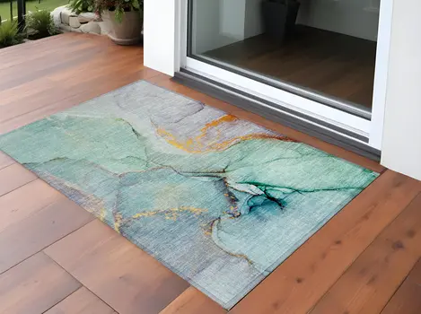 2' X 3' Teal Abstract Washable Non Skid Indoor Outdoor Area Rug
