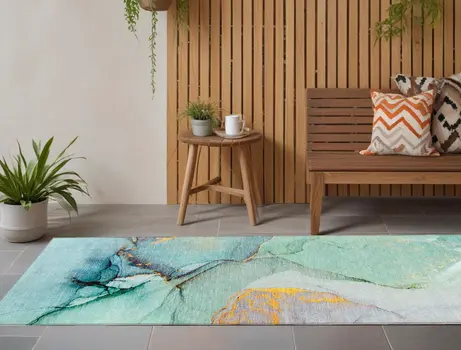 8' Runner Teal Abstract Washable Non Skid Indoor Outdoor Runner Rug