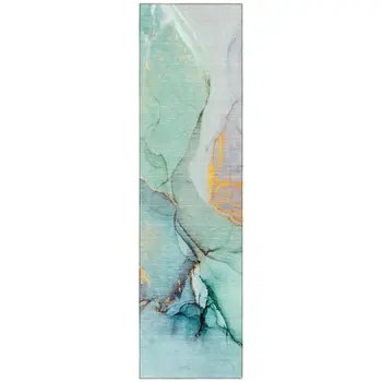 8' Runner Teal Abstract Washable Non Skid Indoor Outdoor Runner Rug