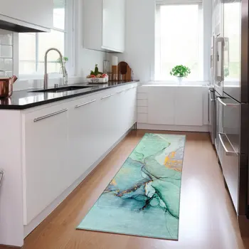 8' Runner Teal Abstract Washable Non Skid Indoor Outdoor Runner Rug