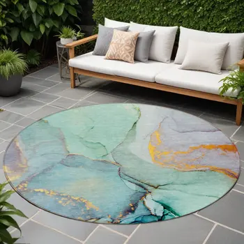8' Round Teal Round Abstract Washable Non Skid Indoor Outdoor Area Rug