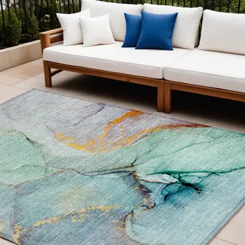 9' X 12' Teal Abstract Washable Non Skid Indoor Outdoor Area Rug