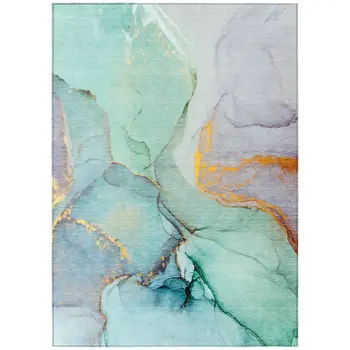 9' X 12' Teal Abstract Washable Non Skid Indoor Outdoor Area Rug