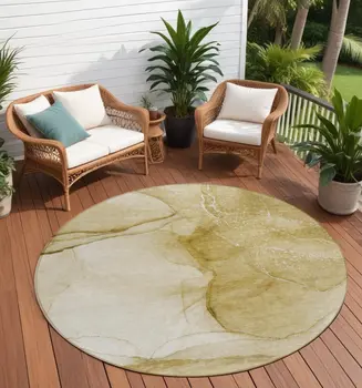 8' Beige Round Abstract Washable Indoor Outdoor Area Rug