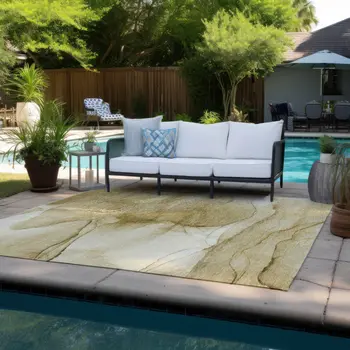 9' X 12' Beige Abstract Washable Non Skid Indoor Outdoor Area Rug