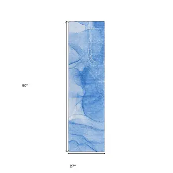 8' Blue Abstract Washable Indoor Outdoor Runner Rug