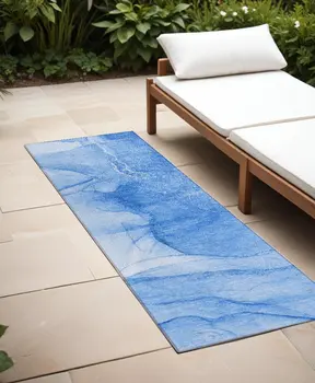 8' Blue Abstract Washable Indoor Outdoor Runner Rug