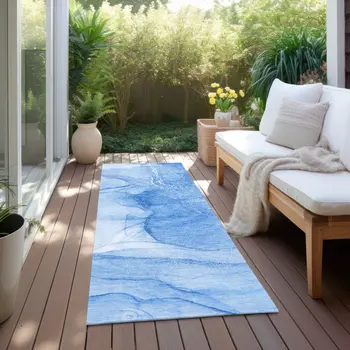 8' Blue Abstract Washable Indoor Outdoor Runner Rug