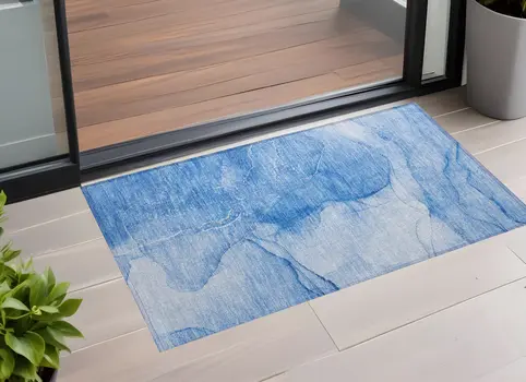 3' X 5' Blue Abstract Washable Non Skid Indoor Outdoor Area Rug