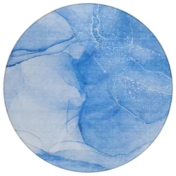 8' Blue Round Abstract Washable Indoor Outdoor Area Rug
