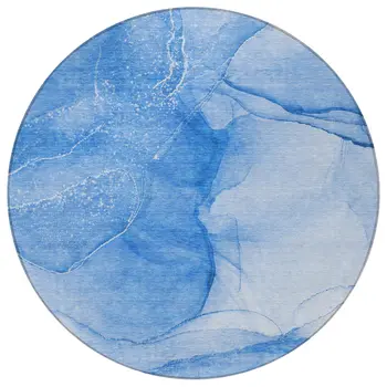 8' Blue Round Abstract Washable Indoor Outdoor Area Rug