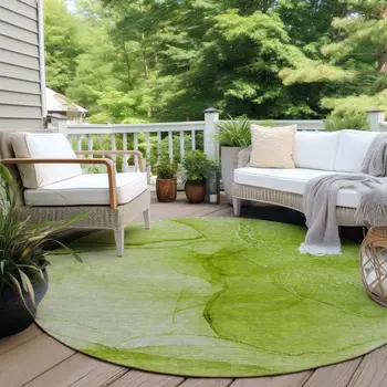 8' Round Green Round Abstract Washable Non Skid Indoor Outdoor Area Rug