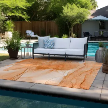 3' X 5' Orange Abstract Washable Non Skid Indoor Outdoor Area Rug