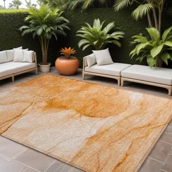 8' X 10' Orange Abstract Washable Non Skid Indoor Outdoor Area Rug