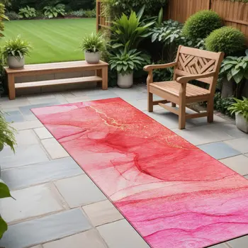 2' X 8' Pink Abstract Washable Non Skid Indoor Outdoor Runner Rug