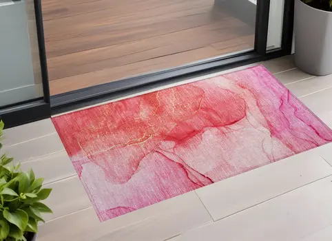 3' X 5' Pink Abstract Washable Non Skid Indoor Outdoor Area Rug