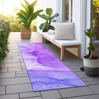 8' Purple Abstract Washable Non Skid Indoor Outdoor Runner Rug