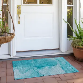 2' X 3' Teal Abstract Washable Non Skid Indoor Outdoor Area Rug