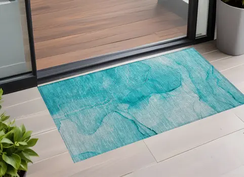 2' X 3' Teal Abstract Washable Non Skid Indoor Outdoor Area Rug