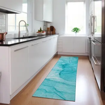 8' Runner Teal Abstract Washable Non Skid Indoor Outdoor Runner Rug