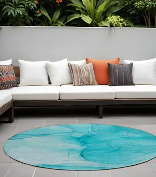 8' Round Teal Round Abstract Washable Non Skid Indoor Outdoor Area Rug