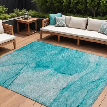 9' X 12' Teal Abstract Washable Non Skid Indoor Outdoor Area Rug