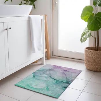 2' X 3' Green Abstract Washable Non Skid Indoor Outdoor Area Rug