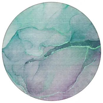 8' Round Green Round Abstract Washable Non Skid Indoor Outdoor Area Rug