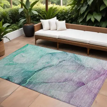 9' X 12' Green Abstract Washable Non Skid Indoor Outdoor Area Rug