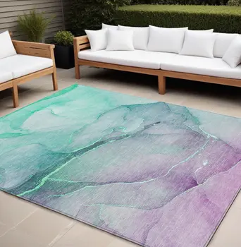 10' X 14' Teal and Purple Abstract Washable Indoor Outdoor Area Rug