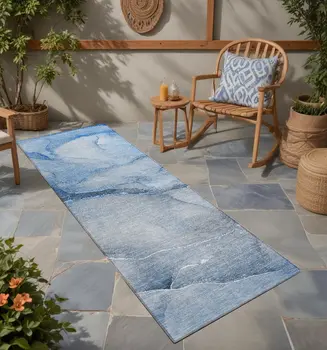 8' Runner Blue Abstract Washable Non Skid Indoor Outdoor Runner Rug