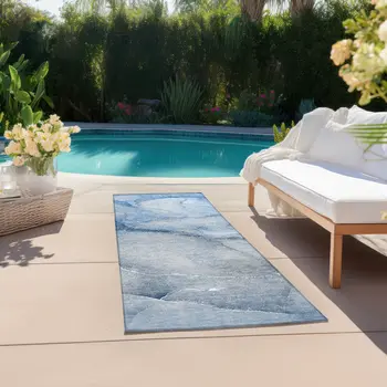 8' Runner Blue Abstract Washable Non Skid Indoor Outdoor Runner Rug