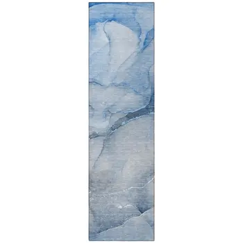 8' Runner Blue Abstract Washable Non Skid Indoor Outdoor Runner Rug