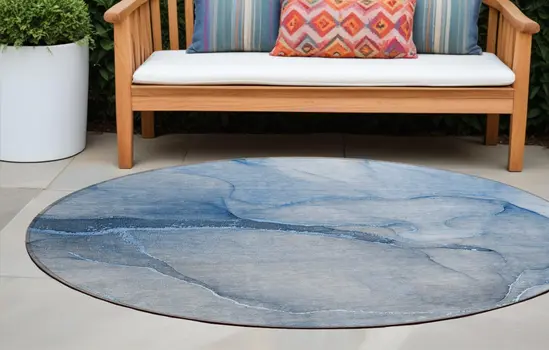 8' Round Blue Round Abstract Washable Non Skid Indoor Outdoor Area Rug