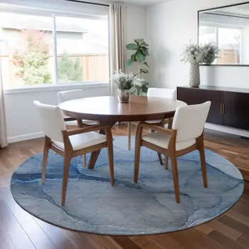 8' Round Blue Round Abstract Washable Non Skid Indoor Outdoor Area Rug