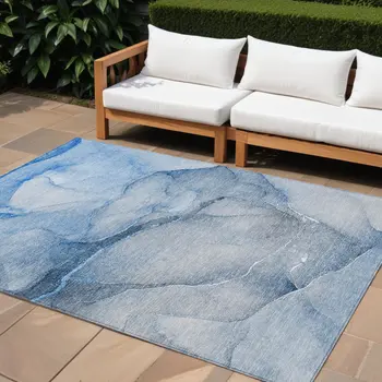 10' X 14' Blue Abstract Washable Non Skid Indoor Outdoor Area Rug