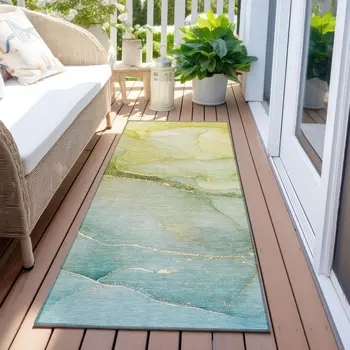8' Runner Green Abstract Washable Non Skid Indoor Outdoor Runner Rug