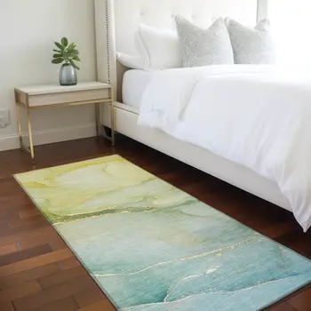 8' Runner Green Abstract Washable Non Skid Indoor Outdoor Runner Rug