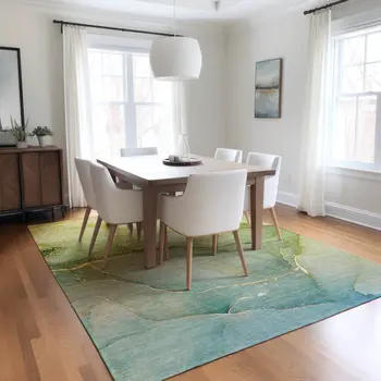 5' X 8' Green Abstract Washable Non Skid Indoor Outdoor Area Rug
