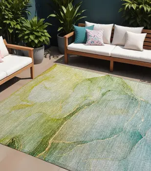 9' X 12' Green Abstract Washable Non Skid Indoor Outdoor Area Rug