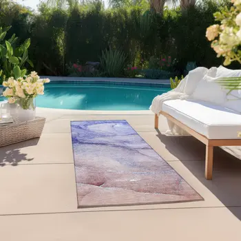 2' X 8' Blue and Purple Abstract Washable Non Skid Indoor Outdoor Runner Rug