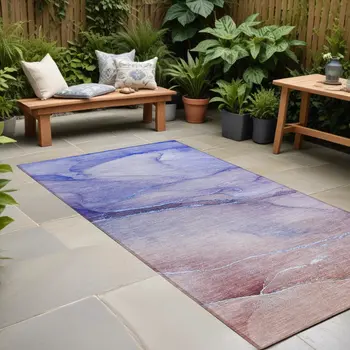 2' X 8' Blue and Purple Abstract Washable Non Skid Indoor Outdoor Runner Rug