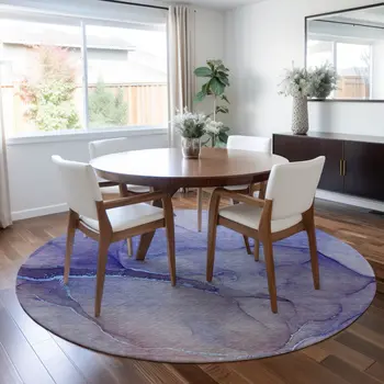8' Round Blue and Brown Round Abstract Washable Non Skid Indoor Outdoor Area Rug