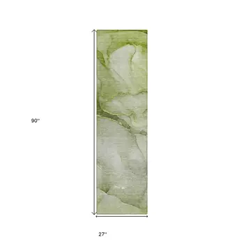 8' Runner Olive Green Abstract Washable Non Skid Indoor Outdoor Runner Rug