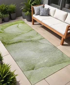 8' Runner Olive Green Abstract Washable Non Skid Indoor Outdoor Runner Rug