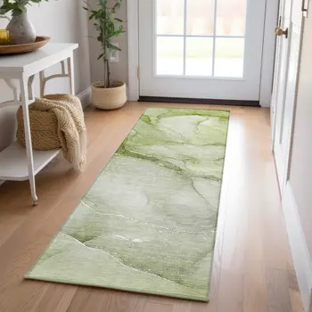8' Runner Olive Green Abstract Washable Non Skid Indoor Outdoor Runner Rug