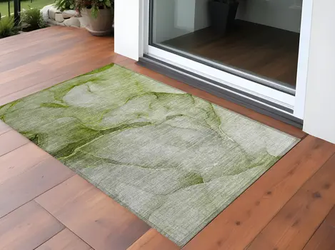 3' X 5' Olive Green Abstract Washable Non Skid Indoor Outdoor Area Rug