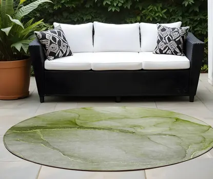 8' Olive Green Round Abstract Washable Indoor Outdoor Area Rug