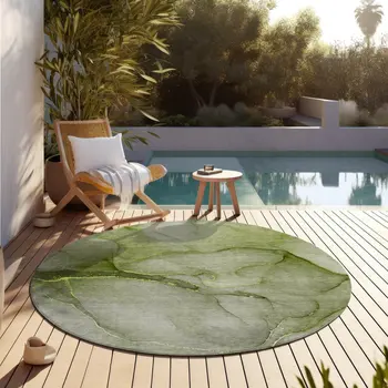 8' Olive Green Round Abstract Washable Indoor Outdoor Area Rug