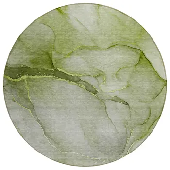 8' Olive Green Round Abstract Washable Indoor Outdoor Area Rug
